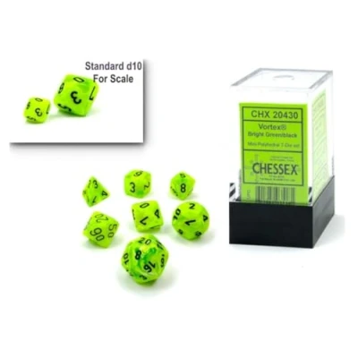 Afbeelding van Chessex Vortex Mini Polyhedral Heldergroen/Zwart Dobbelsteen Set (7 stuks)