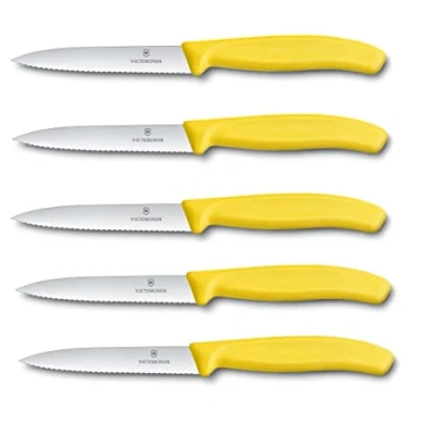 Afbeelding van Victorinox Swiss Classic groentemes, 5 stuks, geel, 10 cm met gekartelde rand, tomatenmes
