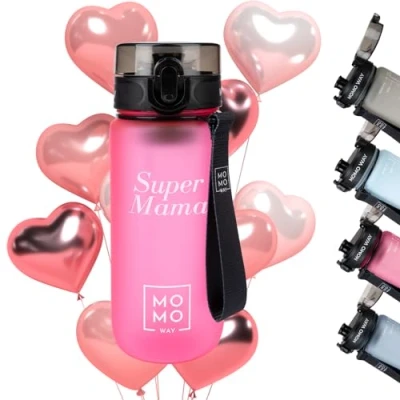 Afbeelding van MOMO WAY Super Mama Drinkfles, 600 ml, BPA vrij, Tritan, waterfles, cadeau voor de beste moeder ter wereld, moederdagcadeau, donkerroze