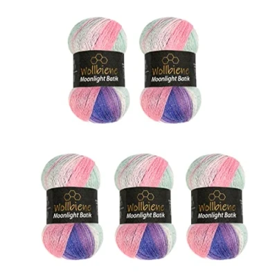 Afbeelding van Wollbiene Moonlight Glitter Batik Simli Breiwol, 5 x 100 g, 500 20% wol metallic, kleurverloop, glitterwol (3090 paars, groen, roze)