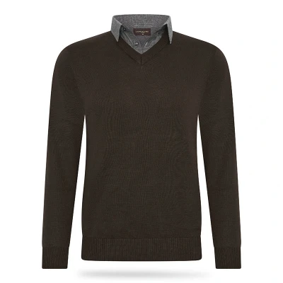 Afbeelding van Cappuccino herenpullover met overhemdkraag Bruin S