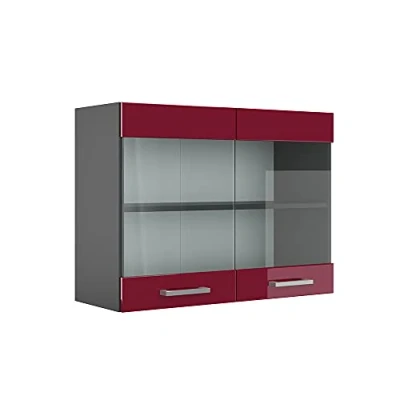 Afbeelding van Vicco Glazen keukenkast R Line, Bordeauxrode hoogglans/Antraciet, 80 cm