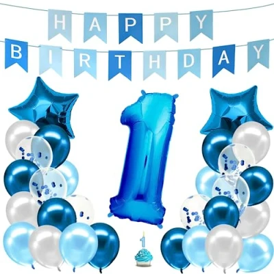 Afbeelding van envami Verjaardagsdecoratie jongen blauw cijfer 1e verjaardag jongen/kind Happy Birthday decoratie ballon slinger aluminium 1