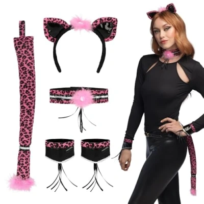 Afbeelding van Boland Set Pink Leopard Volwassenen Vrouwen Luipaard Accessoireset Sexy Vrijgezellenfeest Carnaval Themafeest