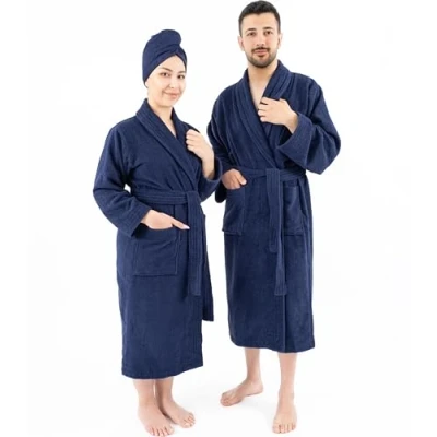 Afbeelding van Hammetex Badjas van 100% katoen, uniseks, voor dames en heren, premium kwaliteit, 400 g/m², zacht absorberend, badstof, met zakken, Navy Blauw