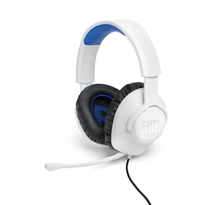 Afbeelding van JBL Quantum 100P Gaming Headset, bekabeld, met afneembare microfoonstang, ontworpen voor Playstation, compatibel andere consoles, wit en blauw