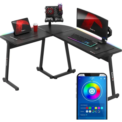 Afbeelding van huzaro Hero 6.0 RGB hoekbureau, L vorm, led verlichting met muzieksynchronisatie, montage rechts en links, carbon tafelblad, 147 x 112 cm, zwart