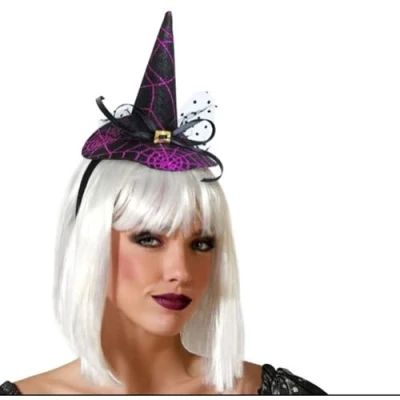 Afbeelding van Halloween heksenhoed mini hoedje op diadeem one size zwart/paars meisjes/dames