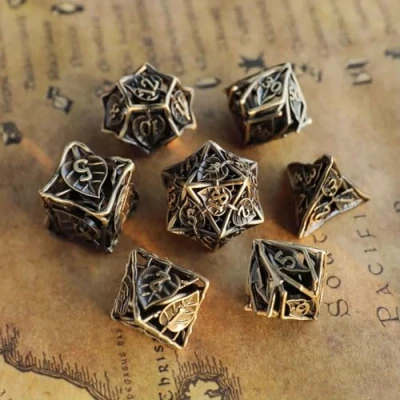 Afbeelding van 7 stuks metalen DND dobbelstenen Bronzen veelvlak D20 D12 D10 D% D8 D6 D4 holle voor kerkers en draken RPG Bordspellen MTG tafelspellen