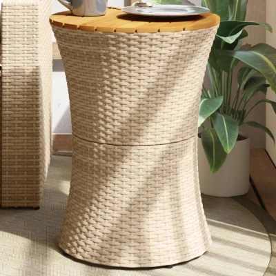 Afbeelding van Tuinbijzettafel trommelvormig poly rattan en massief hout beige