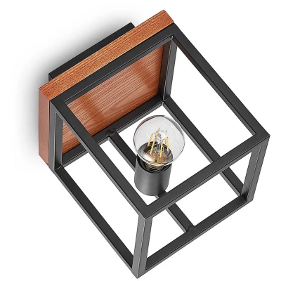 Afbeelding van Lindby wandlamp 1licht staal, eikenhout H: 18 cm E27 eiken, zwart