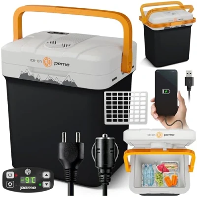 Afbeelding van PEME Essential Elektrische Koelbox, 22.9 liter, 12V, 220/230 Volt AC/DC, Aansluiting voor Auto en Camping, thermo elektrisch Frigobox Grijszwart met oranje kenmerken