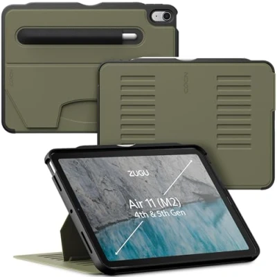 Afbeelding van Zugu case iPad Air 10.9 Gen 4 &amp; 5 (2020/2022) oersterke luxe flip over volledige 360˚ bescherming met multifunctionele standaard functie geschikt voor Apple Pencil Olive Green