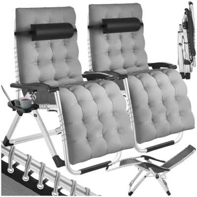 Afbeelding van tectake® 2 x Opklapbare Ligstoel Ligbed Tuinligstoel Traploos verstelbaar Buitenfauteuil voor balkon of tuin met extra dik kussen Relaxligstoel Belastbaar tot 200 kg Grijs Set van
