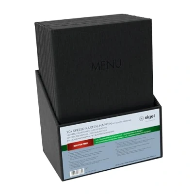 Afbeelding van SIGEL SM200 Set van 10 A4 menuhouders met opbergdoos, zwarte rubberen binding linnen structuur, robuust en gemakkelijk te reinigen