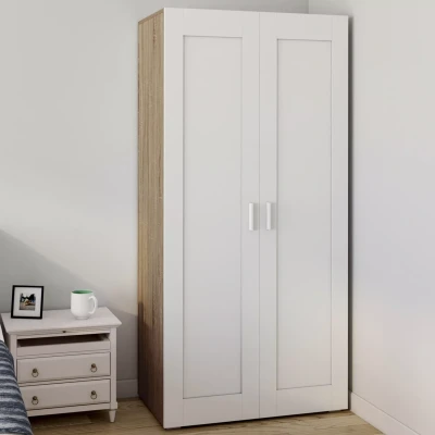 Afbeelding van Armoire 2 portes VITO blanc et bois penderie 80 cm avec étagères rangement maxi capacité