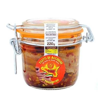 Afbeelding van Ansjovisfilets met olijfolie en chili in luchtdichte pot 220 gr