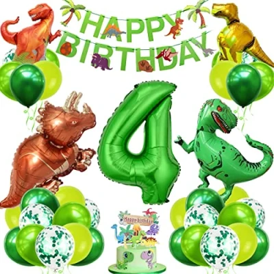 Afbeelding van Dinosaurus verjaardagsdecoratieset voor 4 jaar, ballonnen, XXL, groen, folieballon met Happy Birthday banner, jongens en meisjes