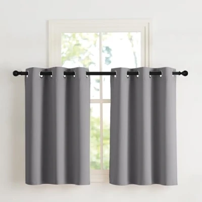 Afbeelding van NICETOWN Gordijnen, ondoorzichtig, kort, thermisch, kleine panelen, met oogjes, verlicht, blokkering, decoratie voor keuken, slaapkamer, breedte 107 x hoogte 90 cm, donkergrijs, 2 stuks