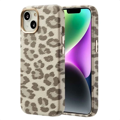 Afbeelding van Selencia Hoesje geschikt voor iPhone 14 Sabi Backcover panterprint MagSafe Soft Ivory