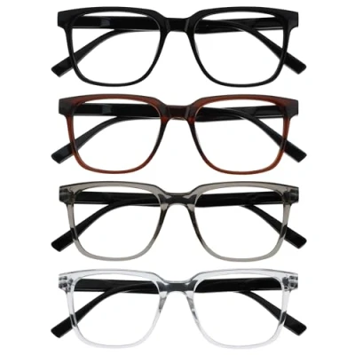 Afbeelding van OPULIZE LEO Leesbril, verpakking van 4 stuks, groot rechthoekig frame, zwart, bruin, grijs, transparant, heren en dames, veerscharnieren, RRRR55 127C, +2,50