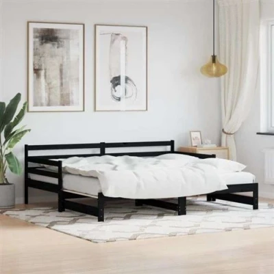 Afbeelding van Slaapbank Met Onderschuifbed 90X190 cm Massief Grenenhout 80 x 200 / Zwart