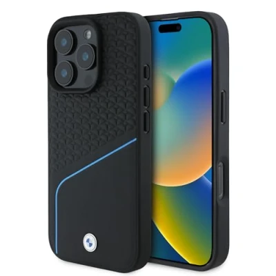 Afbeelding van CG MOBILE BMW HC Sign Telefoonhoesje voor iPhone 16 Pro, duurzaam, schokbestendig, compatibel met MagSafe, gestructureerde leren hoes en lijn, zwart