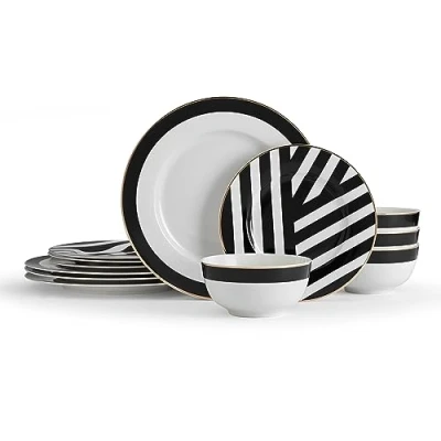 Afbeelding van Mikasa Luxe Deco 12 delige porseleinen dinerset, servies voor 4 personen met geometrische print, 4x dinerborden, bijzetborden &amp; kommen vaatwasmachinebestendig