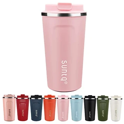Afbeelding van Roestvrijstalen koffiemok om mee te nemen, lekvrij, met deksel, herbruikbare koffiemok, thermobeker voor onderweg, milieuvriendelijk, roze, 510 ml