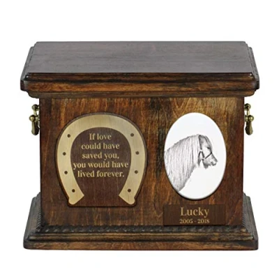 Afbeelding van Shetland Pony urn met foto en gepersonaliseerde doos voor dierenas.