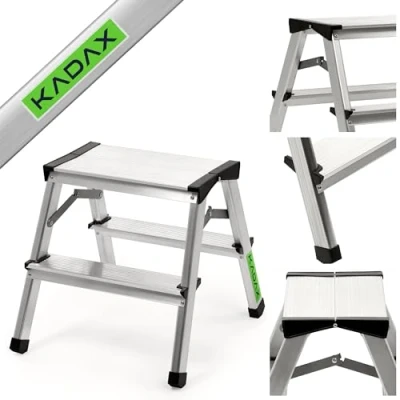 Afbeelding van trapladder van aluminium, 2 treden, vouwtrap tot 125 kg, met antislipniveaus, staande ladder, aluminium opstapkruk, vouwladder