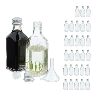 Afbeelding van Relaxdays Set van 30 kleine glazen flessen om te vullen, 50 ml, met schroefdop en dop, transparant/zilver