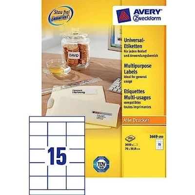 Afbeelding van Etiket Avery Zweckform 3669 200 70x50.8mm wit 3000stuks