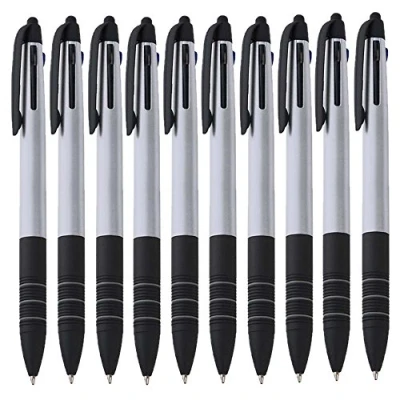 Afbeelding van notrash2003® Balpen, 10 stuks, drie kleuren, blauw, rood en zwart, 4 in 1 styluspen, zilver