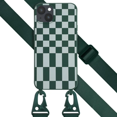 Afbeelding van iPhone 14 Plus hoesje met koord Selencia Siliconen design afneembaar Groen / Irregular Check Green