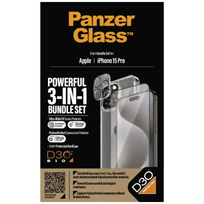 Afbeelding van PanzerGlass Bundle 3in1 set transparant hoesje + folie camera cover voor iPhone 15 Pro