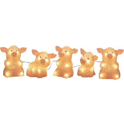 Afbeelding van Verlicht kerstfiguur voor buiten 5 roze varkentjes 12 cm hoog