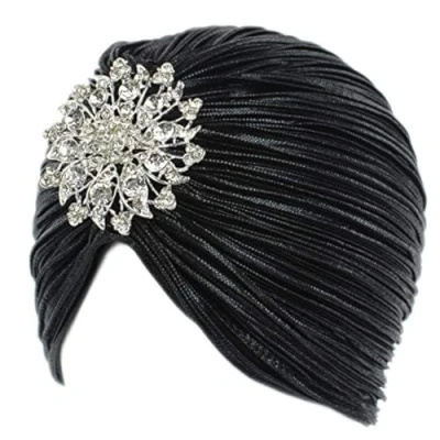 Afbeelding van EORUBE Vintage tulbandhoed met kristallen broche en veren voor Gatsby cocktail uit de jaren 20, Pin stijl 1 zwart