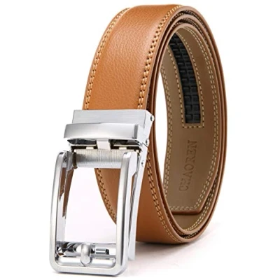 Afbeelding van Chaoren Herenriem, leren herenriem met automatische gesp van 3 cm, riem elegante geschenkdoos, verstelbare maat, zilver lichtbruin, Vita 120 totale lengte 135 cm