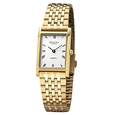 Afbeelding van REGENT Dameshorloge met roestvrijstalen Armband en vouwsluiting, platte vierkante behuizing, diameter 22 mm, Romeinse cijfers, Goud, armband,