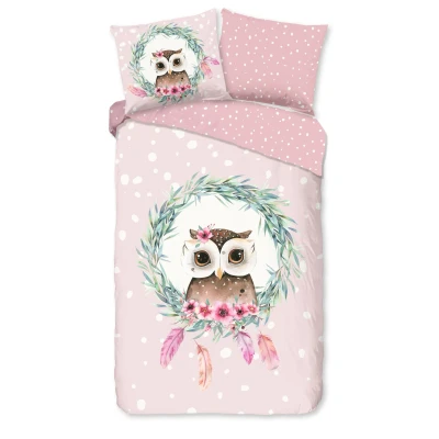 Afbeelding van Good Morning Kinderdekbedovertrek &quot;uil en veren&quot; Roze (140x200/220 cm) Katoen