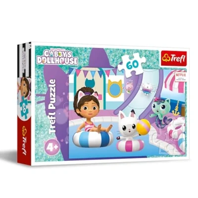 Afbeelding van Trefl Gabby&#039;s Dollhouse, Gabby bij het zwembad 60 delige puzzel kleurrijke met stripfiguren, creatief entertainment, vrije tijd voor kinderen vanaf 4 jaar