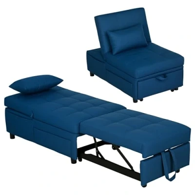 Afbeelding van HOMCOM 1 zits slaapstoel, zits, multifunctioneel, 3 in 1, met verstelbare rugleuning, gevoerde zitting en kussen, slaapbank voor woonkamer, slaapkamer, thuiskantoor, blauw