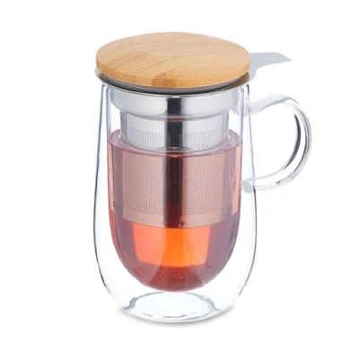 Afbeelding van Relaxdays theekopje met filter deksel 430 ml dubbelwandig boriumsilicaatglas
