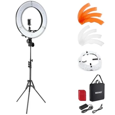 Afbeelding van NEEWER professionele ringlamp met statief en diffuser: 45 cm, 55 W, 5600 K, verstelbaar, led lichtring voor camera
