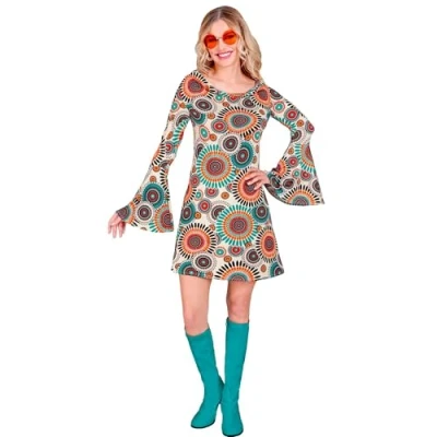 Afbeelding van Widmann Hippie Kostuum Super 60s True Vintage Jurk Vrouw Blauw, Oranje XL Carnavalskleding Verkleedkleding