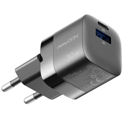 Afbeelding van deleyCON oplader USB A en C (2 poorten compacte 30 W snellader) GaN voeding voor iPhone 16/15/14/13/12/11 iPad Galaxy S24/S23 Pixel mobiele telefoon PD 3.0 zwart