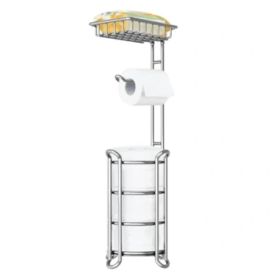 Afbeelding van TreeLen toiletpapierhouder verchroomd op standaard, met plank, geschikt voor telefoon, doekjes en megarollen