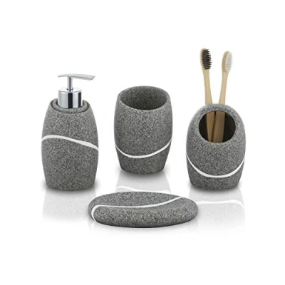 Afbeelding van Badkameraccessoires set 4 stuks, badkamerdecor ijdelheid aanrecht accessoire met zeepdispenser, tandenborstelhouder, badkamer beker en zeepbakje, grijs