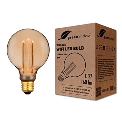 Afbeelding van greenandco® Smart wifi ledlamp met app (geen hub nodig), vintage design E27 G95, 3,8 W, 160 lm, 1800 K, 320 graden, 230 V, geen flikkeren, dimbaar, compatibel Alexa en Google Assistant